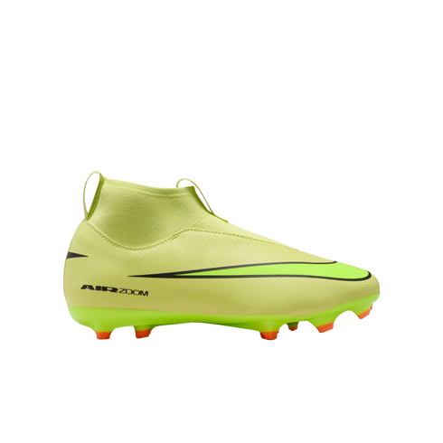 Side view of a neon yellow laceless Nike soccer cleat with black accents and orange-tipped studs, set against a solid black background.
