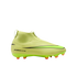 Side view of a neon yellow laceless Nike soccer cleat with black accents and orange-tipped studs, set against a solid black background.