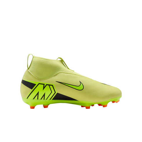 Profile of a lime-green Nike Mercurial soccer cleat with a black "M" logo and orange studs against a black background.