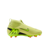 Profile of a lime-green Nike Mercurial soccer cleat with a black "M" logo and orange studs against a black background.