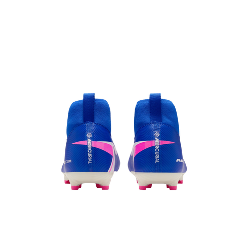 Rear view of vibrant blue high-top Nike Mercurial soccer cleats with pink accents and white soles against a black background.