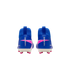 Rear view of vibrant blue high-top Nike Mercurial soccer cleats with pink accents and white soles against a black background.