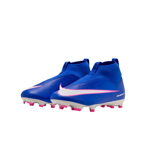 Pair of blue Nike high-top soccer cleats with white swooshes outlined in pink and bright pink studs on a black background.
