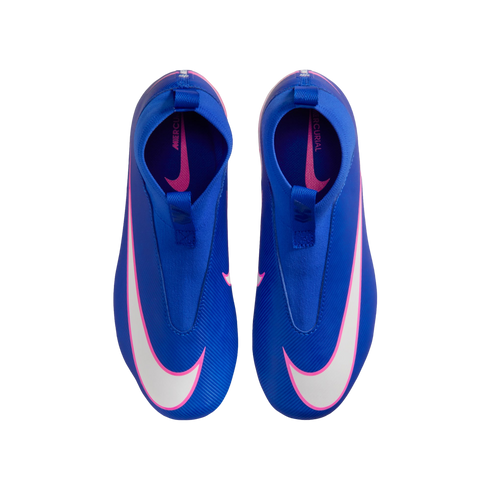 A top-down view of a pair of blue laceless Nike Mercurial soccer cleats with white and pink swoosh logos, set against a solid black background.