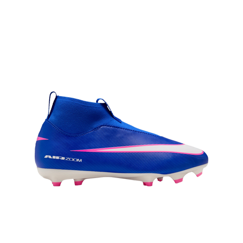 Side view of a blue Nike Air Zoom soccer cleat with a pink and white swoosh, high-top collar, and pink studs on a white sole, isolated against a black background.