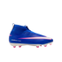 Side view of a blue Nike Air Zoom soccer cleat with a pink and white swoosh, high-top collar, and pink studs on a white sole, isolated against a black background.