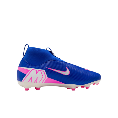 Blue Nike Mercurial soccer cleat with a high-top collar, pink and white graphic details, and pink studs on a white sole.