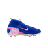 Blue Nike Mercurial soccer cleat with a high-top collar, pink and white graphic details, and pink studs on a white sole.