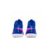 Rear view of blue Nike Mercurial high-top soccer cleats with white turf outsoles and pink accents against a solid black background.