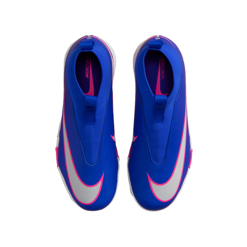 Top-down view of blue Nike Mercurial soccer shoes featuring pink accents and large silver swooshes.