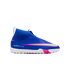 Blue and pink Nike Air Zoom soccer shoe with a laceless high-top design and white turf outsole.