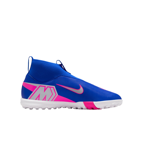 A blue Nike Mercurial laceless soccer turf shoe with pink and silver accents and a white studded sole, shown against a black background.