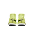 Rear view of neon yellow Nike Mercurial soccer shoes on a black background, featuring black branding on the heels, white midsoles, and black turf outsoles.