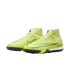 A pair of neon yellow Nike Air Zoom soccer shoes with black accents and a high-top collar, set against a black background.