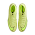 Top-down view of a pair of neon yellow Nike Mercurial soccer boots with black swooshes on a solid black background.