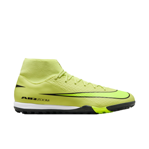 Neon yellow Nike high-top turf soccer shoe featuring a black swoosh and 'AIR ZOOM' text on the side.