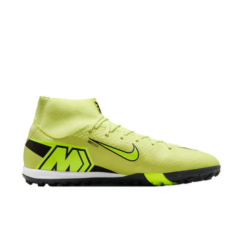 A neon yellow Nike Mercurial turf soccer shoe with a high-top collar and a large "M" logo on the heel, shown from the side against a black background.