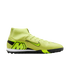 A neon yellow Nike Mercurial turf soccer shoe with a high-top collar and a large "M" logo on the heel, shown from the side against a black background.
