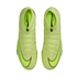 Top-down view of a pair of neon green Nike Mercurial soccer cleats with black swoosh logos and laces, set against a solid black background.