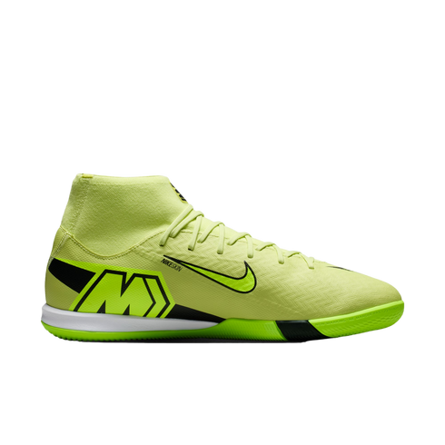 A neon yellow Nike Mercurial indoor soccer shoe with a high-top collar and black branding, shown in profile against a black background.