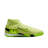 A neon yellow Nike Mercurial indoor soccer shoe with a high-top collar and black branding, shown in profile against a black background.