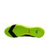 Sole of a neon yellow Nike indoor soccer shoe with a black diagonal stripe and textured grip pattern, set against a black background.