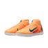 A pair of orange and blue Nike Mercurial Air Zoom indoor soccer shoes with a high-top sock collar and white rubber soles.