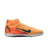 An orange Nike high-top indoor soccer shoe with a blue swoosh and patterned heel, shown in profile against a black background.