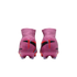 Rear view of two pink Nike Air Zoom Mercurial soccer cleats with red branding on the heels against a black background.
