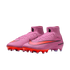 Pink and orange Nike Air Zoom soccer cleats with a high-top collar and black Swoosh logo, set against a solid black background.
