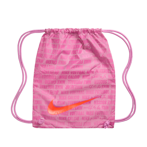 Pink Nike drawstring backpack with a repeat pattern of "soccer" in different languages and a large orange Nike swoosh.