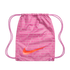 Pink Nike drawstring backpack with a repeat pattern of "soccer" in different languages and a large orange Nike swoosh.