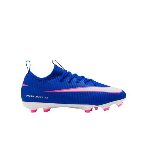 A royal blue Nike Air Zoom soccer cleat with pink and white accents and pink-tipped studs against a black background.
