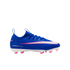 A royal blue Nike Air Zoom soccer cleat with pink and white accents and pink-tipped studs against a black background.