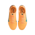 Top-down view of bright orange Nike soccer cleats with blue accents and Kylian Mbappé's "KM" branding on a black background.