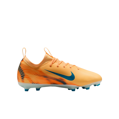 Side view of an orange Nike soccer cleat with a blue swoosh and a patterned heel, displayed against a black background.