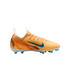 Side view of an orange Nike soccer cleat with a blue swoosh and a patterned heel, displayed against a black background.