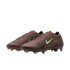 A pair of dark reddish-brown Nike soccer cleats with light green swooshes and studs, featuring a golden dot pattern, against a solid black background.