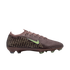 Profile view of a maroon Nike soccer cleat featuring a lime green swoosh and a gold textured pattern on the heel, set against a black background.