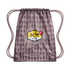 Purple drawstring bag with an abstract dot pattern, a yellow hexagonal "KM AIR" logo in the center, and "MERCURIAL" text near the bottom.