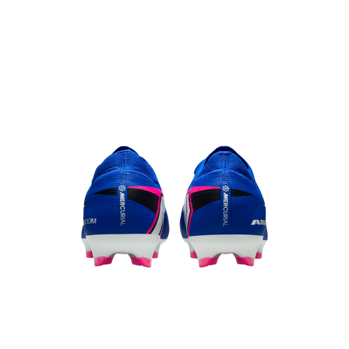 Rear view of two blue Nike Mercurial soccer cleats with pink and black accents against a black background.