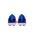 Rear view of two blue Nike Mercurial soccer cleats with pink and black accents against a black background.
