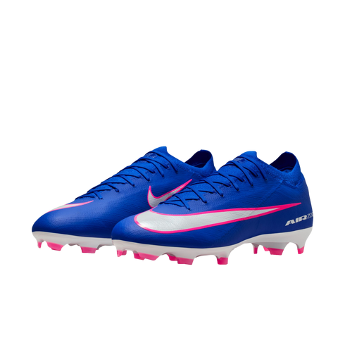A pair of bright blue Nike Mercurial Air Zoom soccer cleats featuring a white and pink Nike swoosh, white soleplates, and pink studs against a black background.