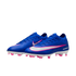 A pair of bright blue Nike Mercurial Air Zoom soccer cleats featuring a white and pink Nike swoosh, white soleplates, and pink studs against a black background.