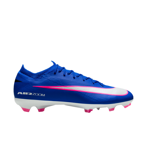 Side view of a blue Nike Mercurial soccer cleat with a white and pink swoosh, white sole, and pink studs against a black background.