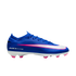 Side view of a blue Nike Mercurial soccer cleat with a white and pink swoosh, white sole, and pink studs against a black background.