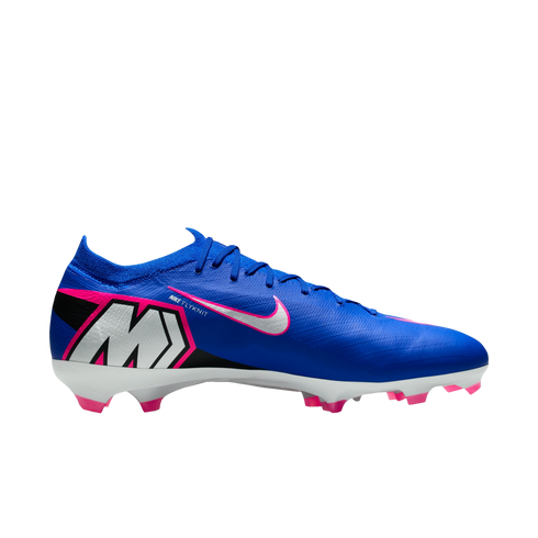 Profile view of a blue Nike Mercurial soccer cleat with pink and silver accents, a white soleplate, and pink studs.
