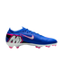 Profile view of a blue Nike Mercurial soccer cleat with pink and silver accents, a white soleplate, and pink studs.