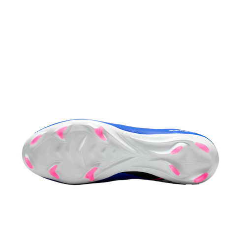 Bottom view of a blue and white Nike soccer cleat with bright pink studs, isolated on a black background.