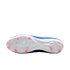 Bottom view of a blue and white Nike soccer cleat with bright pink studs, isolated on a black background.